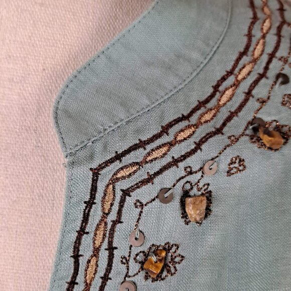 Rafaella Size 8 Light Green Tunic Embroidered Stone Accents 100% Linen Long Slv - Picture 4 of 13